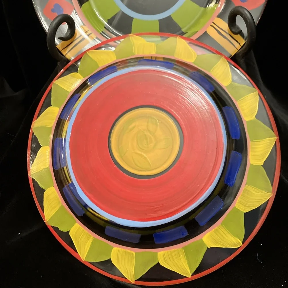 Clear Art Glass Hand Painted Vibrant Colorful Display or Dinner Plates Set of 2
